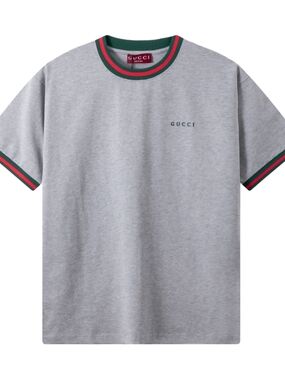 Gucci Men's Gray Logo Ringer T‑Shirt with Green & Red Trim